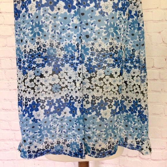 Blair Blue and White Floral Long Sleeve Button Down Sheer Top - Size Large - Picture 3 of 7